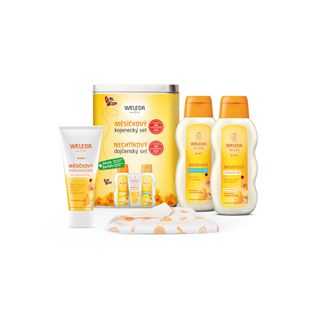 Weleda měsíčkový kojenecký krém 75 ml + Měsíčková kojenecká koupel 200 ml + měsíčkový kojenecký olej 200 ml + bavlněná plena s potiskem dárková sada