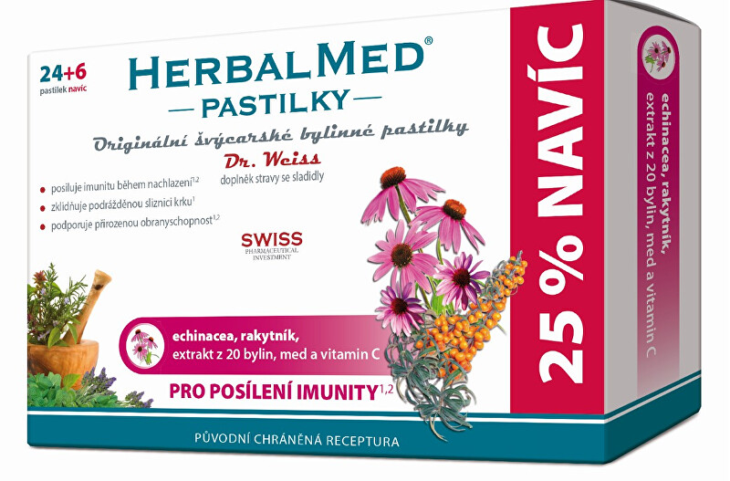 Fotografie HERBALMED Dr.Weiss pastilky Echinacea, rakytník, vitamín C 24+6 pastilek