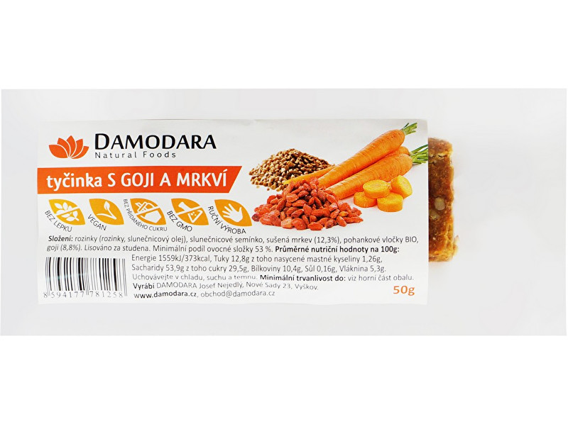 Zobrazit detail výrobku Damodara Ovocná tyčinka mrkvová s goji 50g Zobrazit detail výrobku Damodara Ovocná tyčinka mrkvová s goji 50g