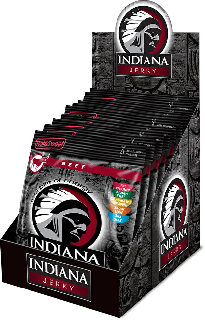 Zobrazit detail výrobku Indiana Indiana Jerky beef (hovězí) Hot & Sweet 250 g - display Zobrazit detail výrobku Indiana Indiana Jerky beef (hovězí) Hot & Sweet 250 g - display