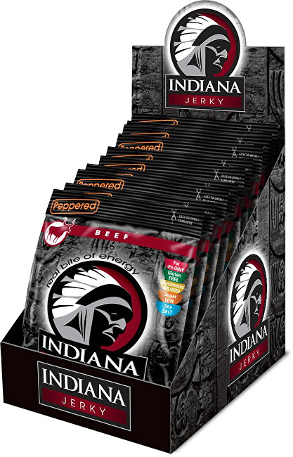 Zobrazit detail výrobku Indiana Indiana Jerky beef (hovězí) Peppered 250 g - display Zobrazit detail výrobku Indiana Indiana Jerky beef (hovězí) Peppered 250 g - display