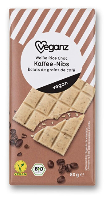 Zobrazit detail výrobku Veganz Bílá čokoláda s kávovými zrnky, Bio 80 g Zobrazit detail výrobku Veganz Bílá čokoláda s kávovými zrnky, Bio 80 g
