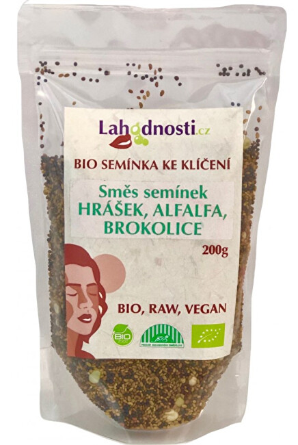Zobrazit detail výrobku Lahodnosti BIO Směs semínek: hrášek, alfalfa, brokolice - semínka ke klíčení 400 g Zobrazit detail výrobku Lahodnosti BIO Směs semínek: hrášek, alfalfa, brokolice - semínka ke klíčení 400 g