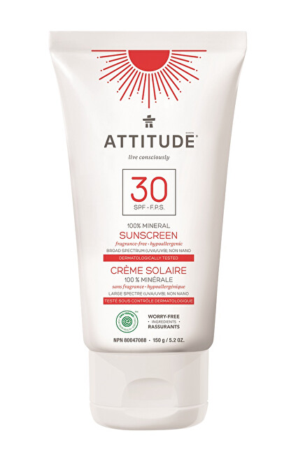 Zobrazit detail výrobku Attitude 100% minerální opalovací krém SPF 30 bez vůně 150 g Zobrazit detail výrobku Attitude 100% minerální opalovací krém SPF 30 bez vůně 150 g