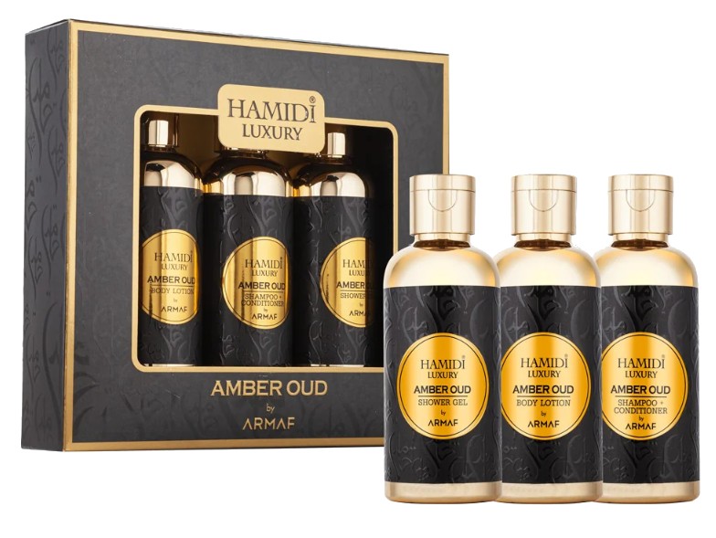 Hamidi Luxury Amber Oud - sprchový gel 95 ml + tělové mléko 95 ml + šampon a kondicionér (2v1) 95 ml
