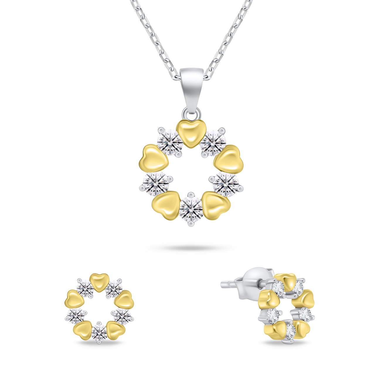 Brilio Silver Něžný bicolor set šperků se zirkony SET239WY (náušnice, náhrdelník)