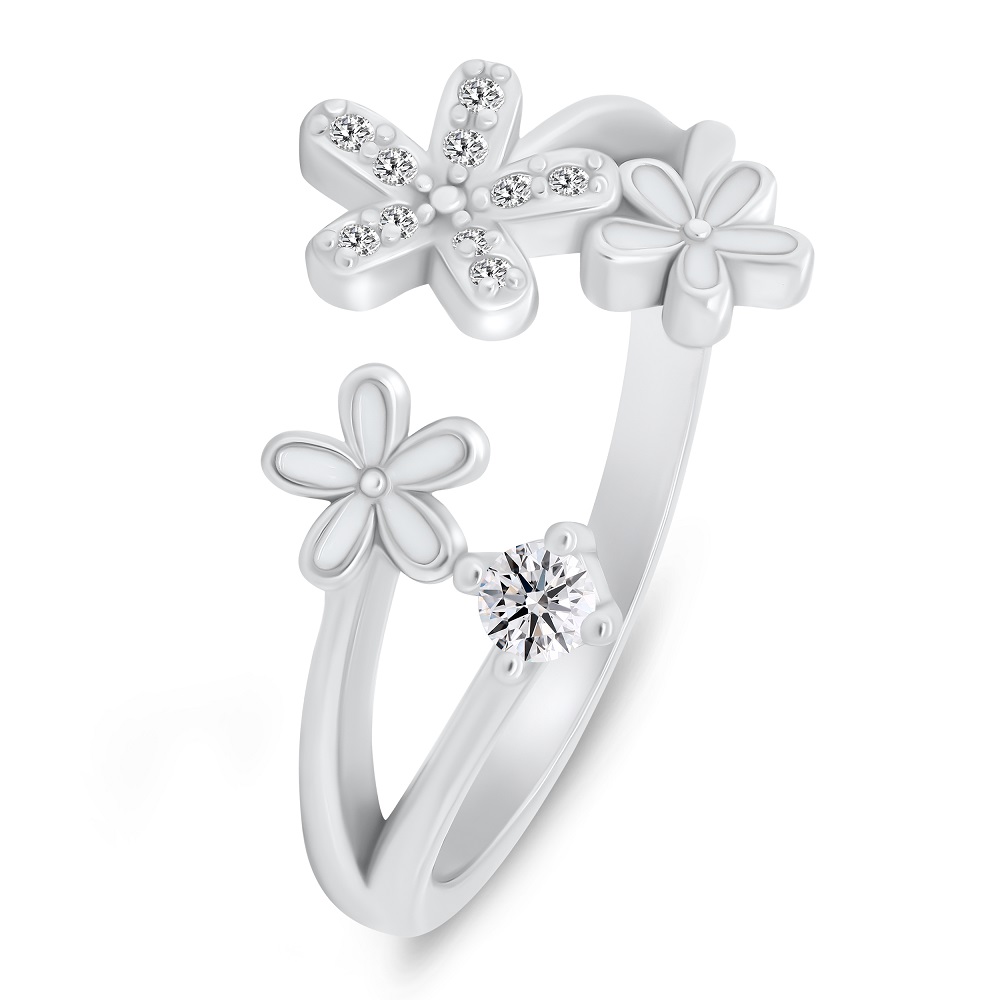 Brilio Silver Pôvabný otvorený prsteň Kvety so zirkónmi RI125W 50 mm