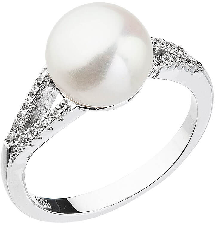 Evolution Group Nežný prsteň s bielou riečnou perlou a zirkónmi 25003.1 58 mm