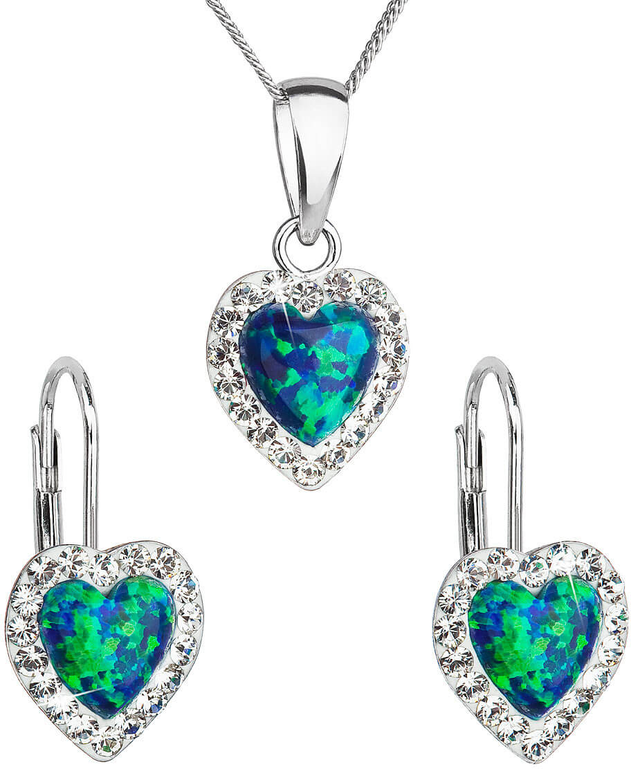 Evolution Group Srdíčková souprava šperků s krystaly Preciosa 39161.1 & green s.opal (náušnice, řetízek, přívěsek)