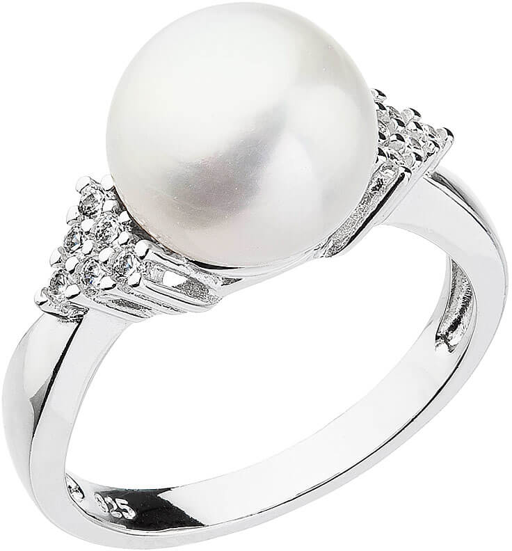 Evolution Group Strieborný prsteň s bielou riečnou perlou a zirkónmi 25002.1 56 mm