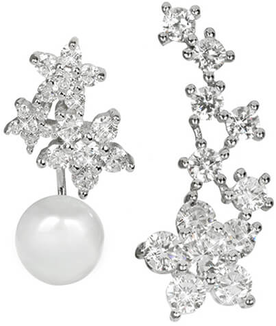 JwL Luxury Pearls -  Asymetrické náušnice - dvojitá náušnice s pravou bílou perlou a podélná náušnice se zirkony JL0260