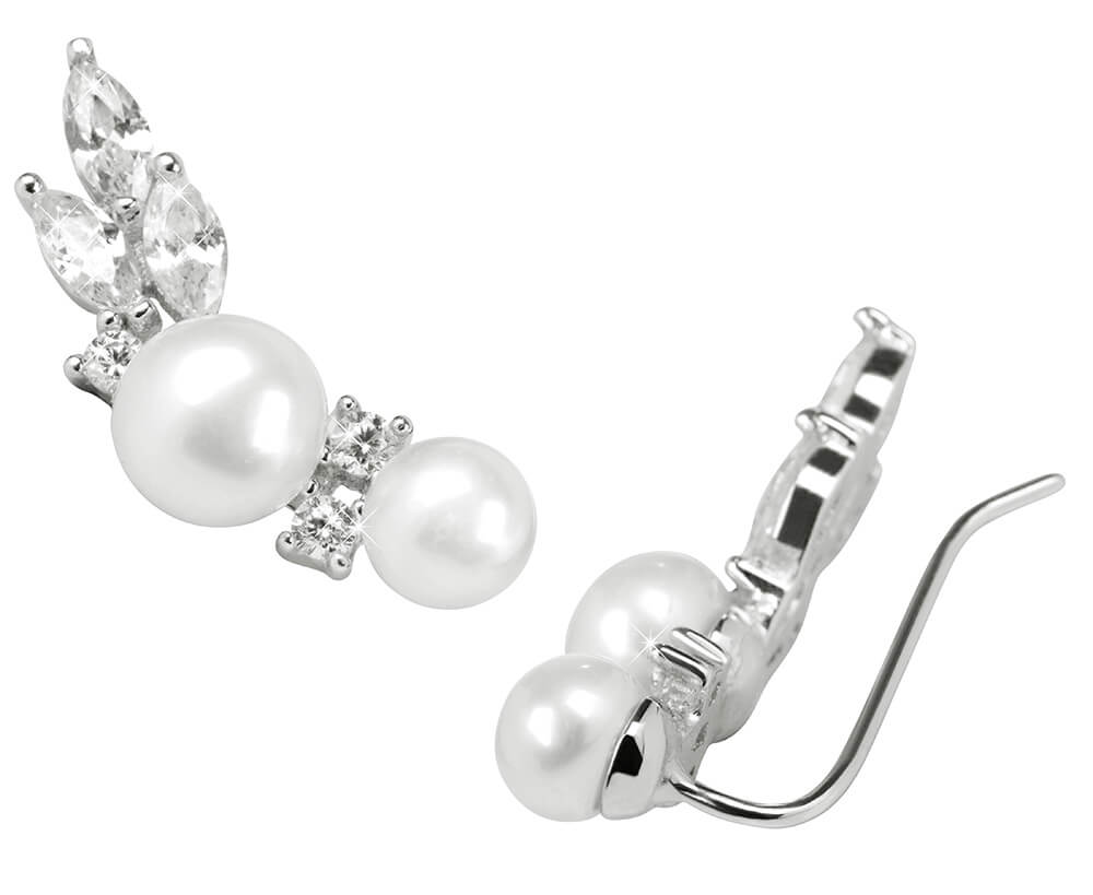 JwL Luxury Pearls -  Podélné stříbrné náušnice s pravými perlami a krystaly JL0300