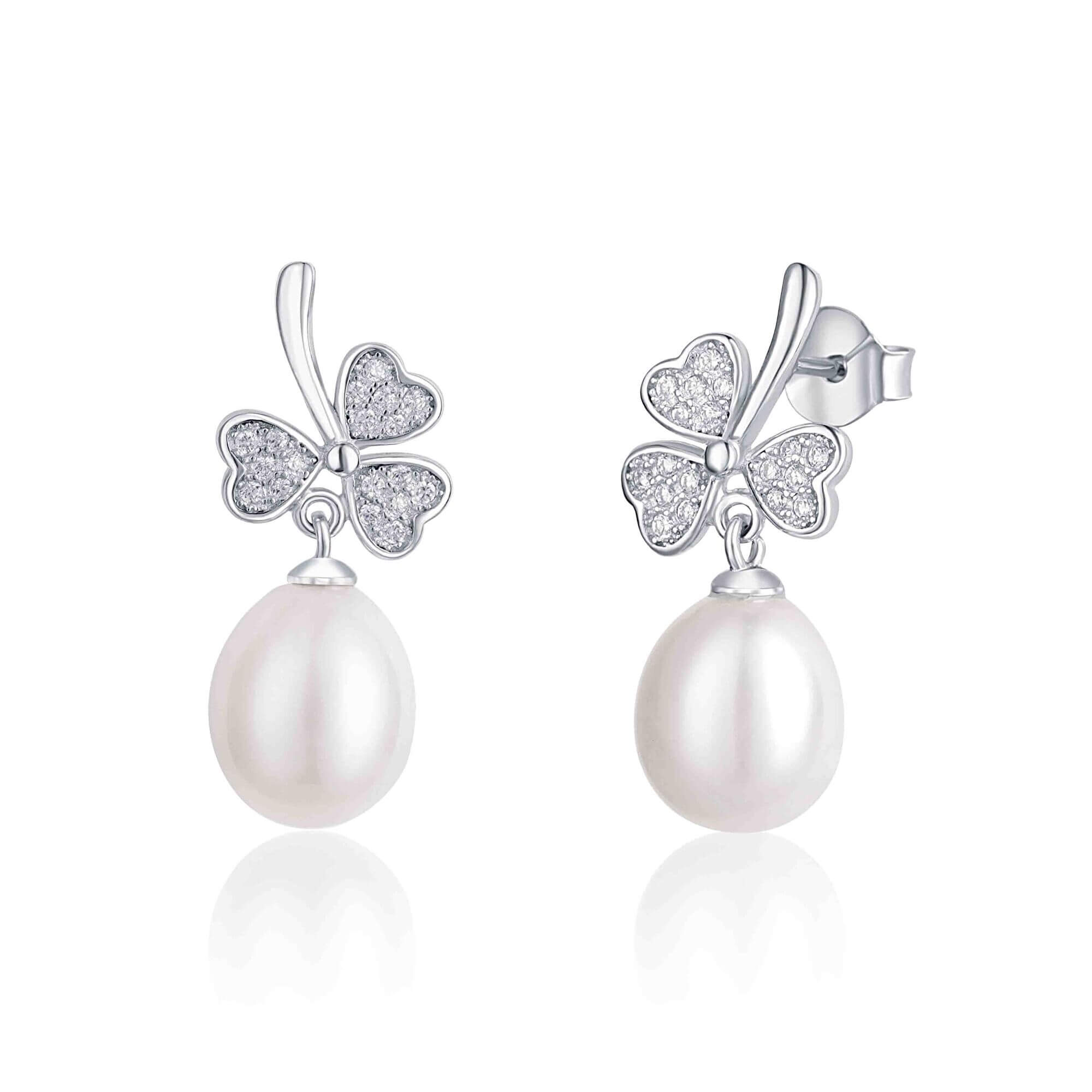 JwL Luxury Pearls -  Trojlístkové stříbrné náušnice s perlou a zirkony JL0618