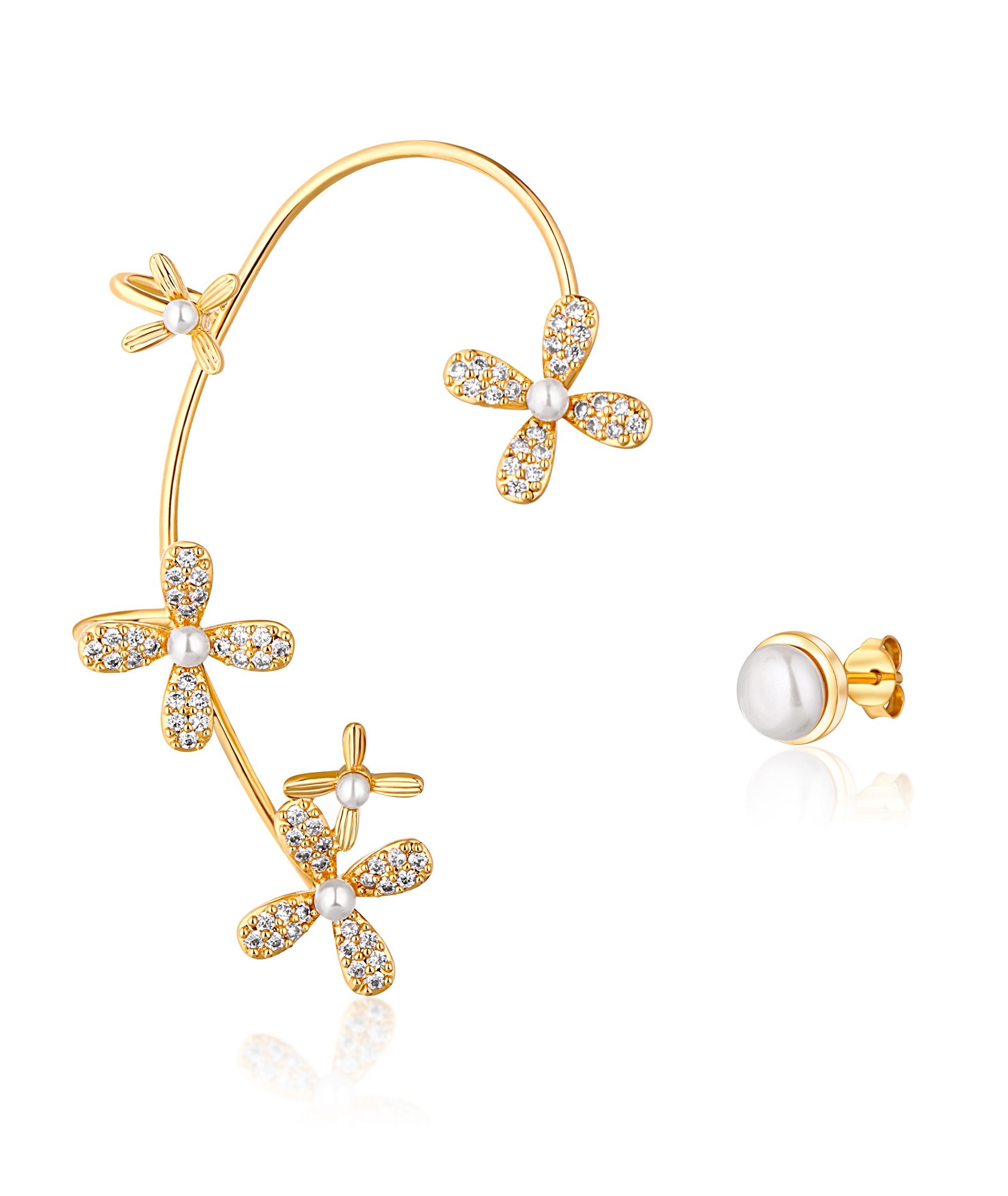 JwL Luxury Pearls Pozlátené asymetrické náušnice s perlami a zirkónmi - pravá záušnica JL0777