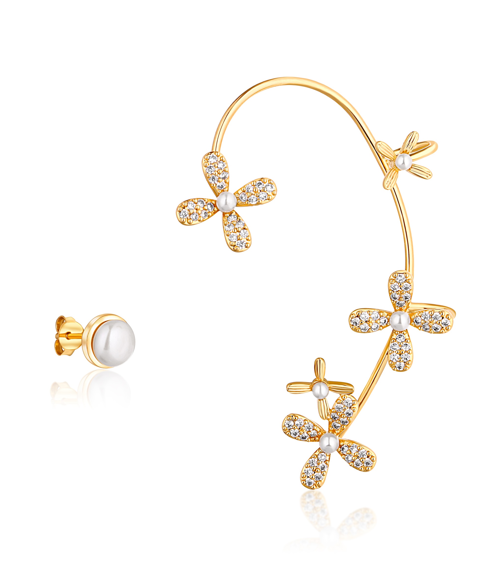 JwL Luxury Pearls Pozlacené asymetrické náušnice s perlami a zirkony - levá záušnice JL0776