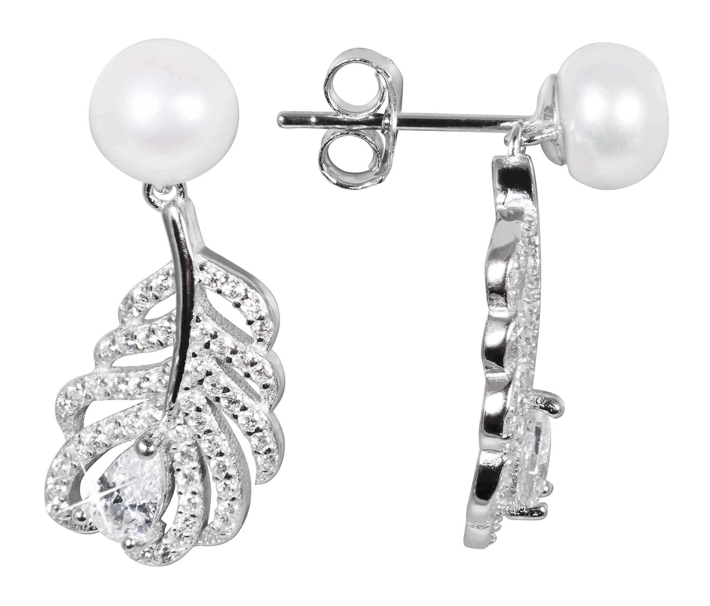 JwL Luxury Pearls Perlové náušnice s bílou pravou perlou a zirkony Peříčka JL0536