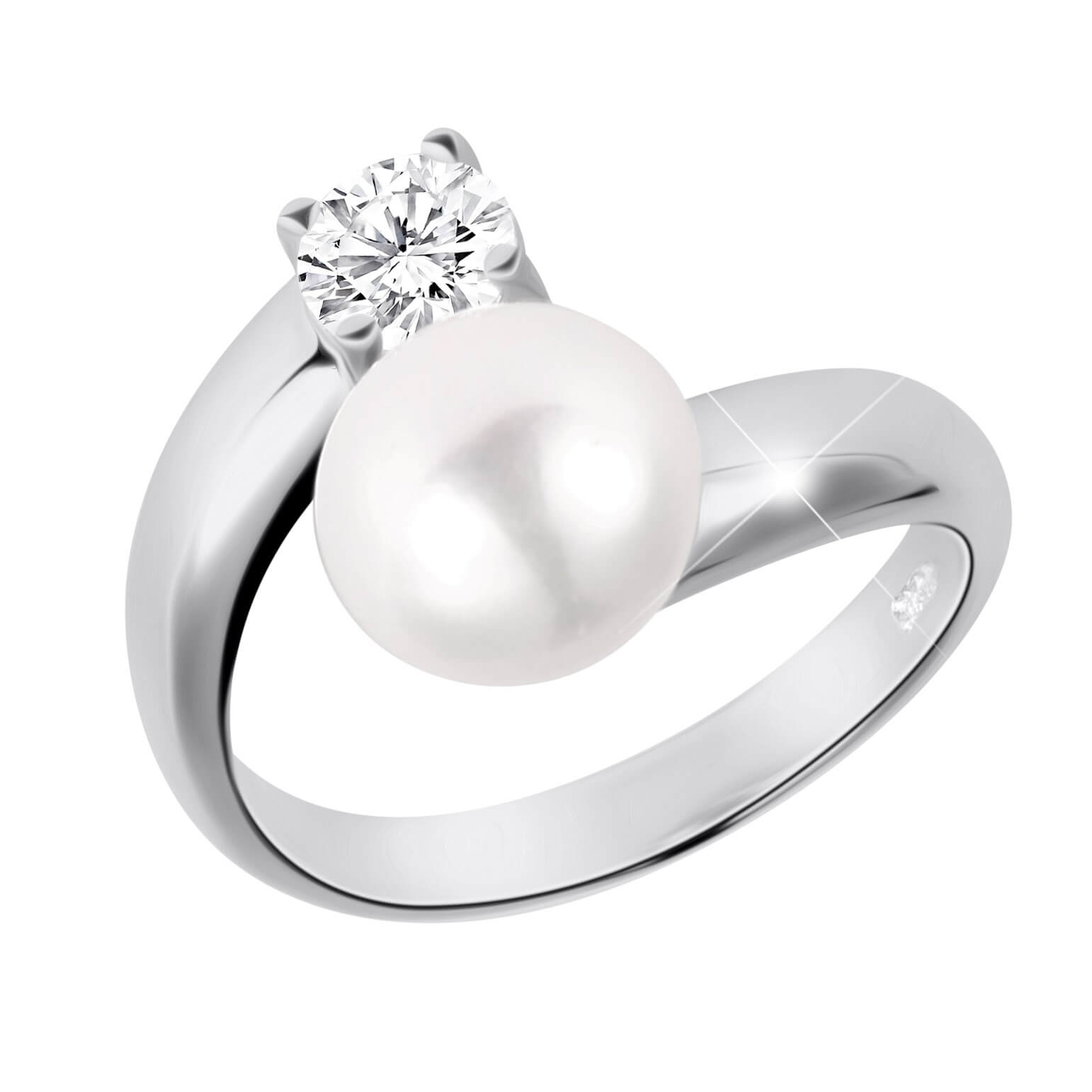 JwL Luxury Pearls -  Stříbrný prsten s bílou perlou a čirým krystalem JL0432
