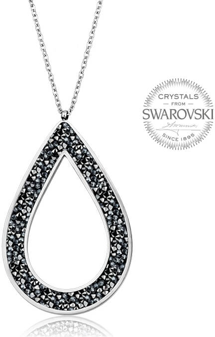 Levien Krásný náhrdelník s černými krystaly SS Rocks Pear 49 grey metal
