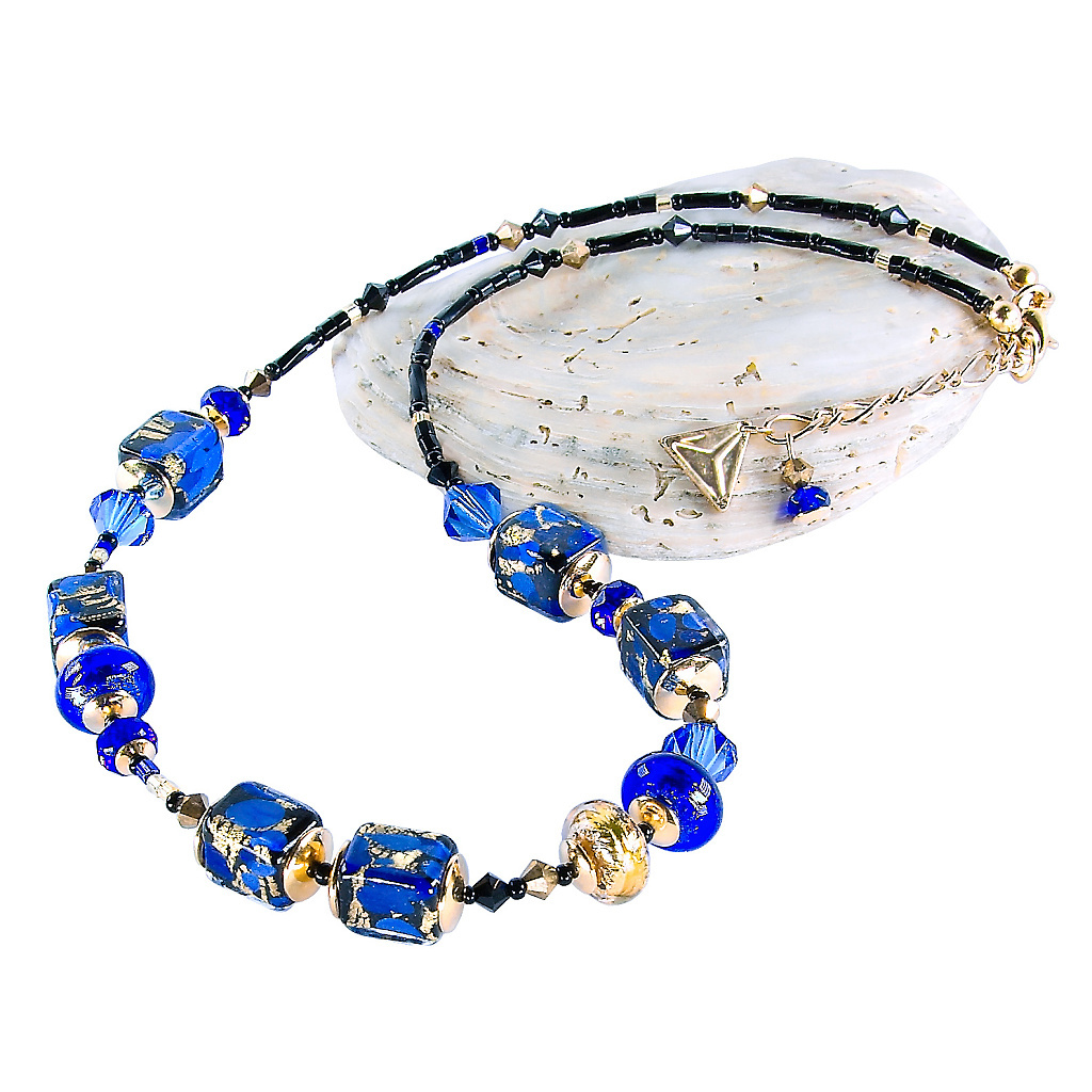 Lampglas Elegantný náhrdelník Deep Blue s 24-karátovým zlatom a rýdzim striebrom v perlách Lampglas NCU50