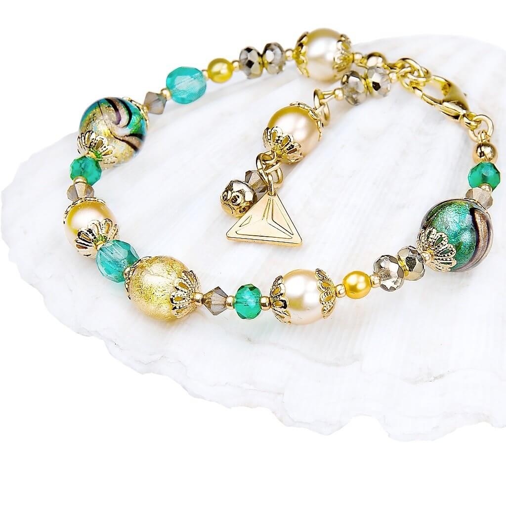 Lampglas -  Elegantní náramek Green Sea World s perlami Lampglas -  s 24karátovým zlatem BP26