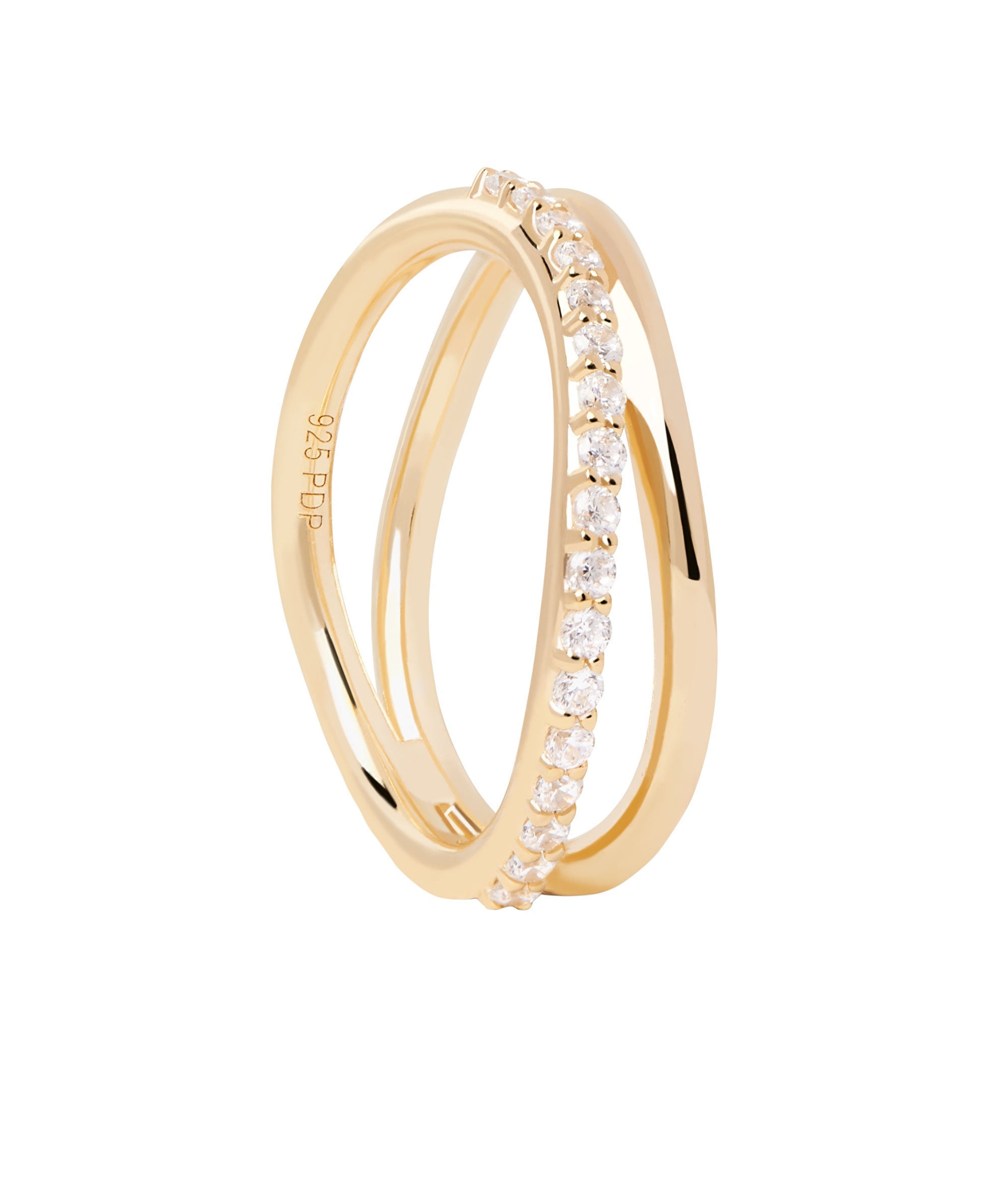 PDPAOLA Půvabný pozlacený prsten se zirkony Twister Essentials AN01-844 52 mm