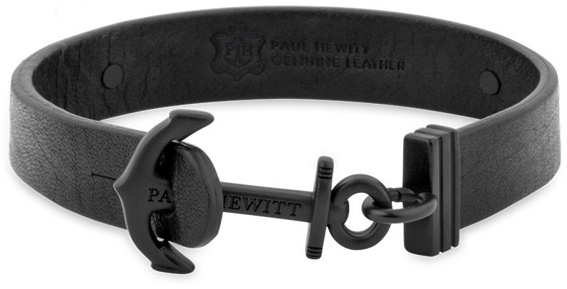Paul Hewitt -  Černý kožený náramek s kotvou PH-MSC-B-B-BL 21 cm