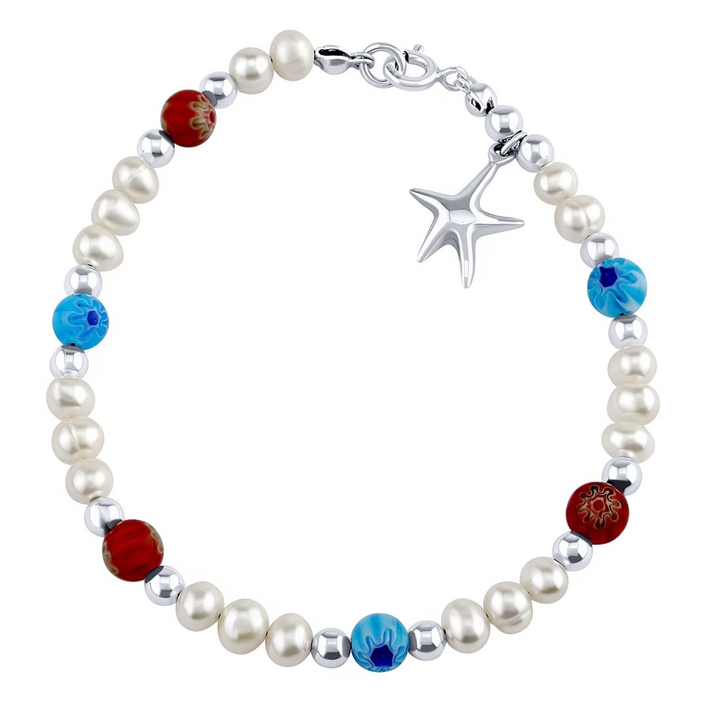 Silvego Strieborný náramok Triton s pravými perlami, hviezdou a farebnými korálkami PRM20261BPW
