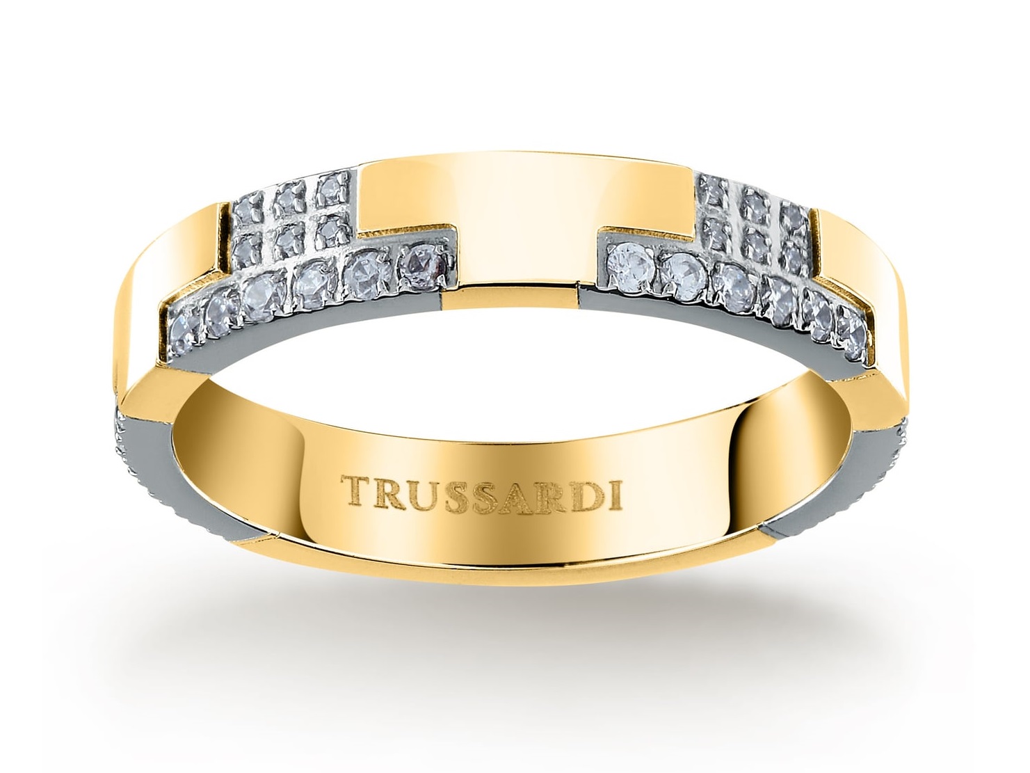 Trussardi Blyštivý bicolor prsteň z ocele T-Logo TJAXC39 58 mm