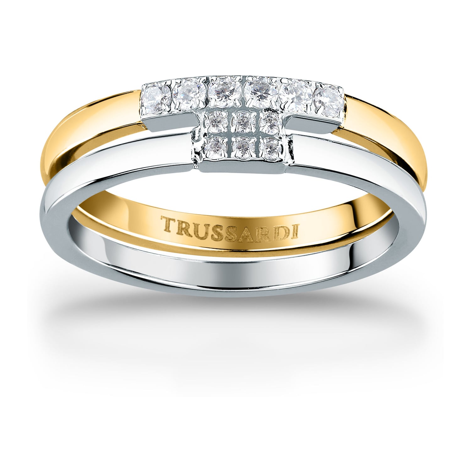 Trussardi Krásny bicolor prsteň z ocele so zirkónmi T-Logo TJAXC41 54 mm