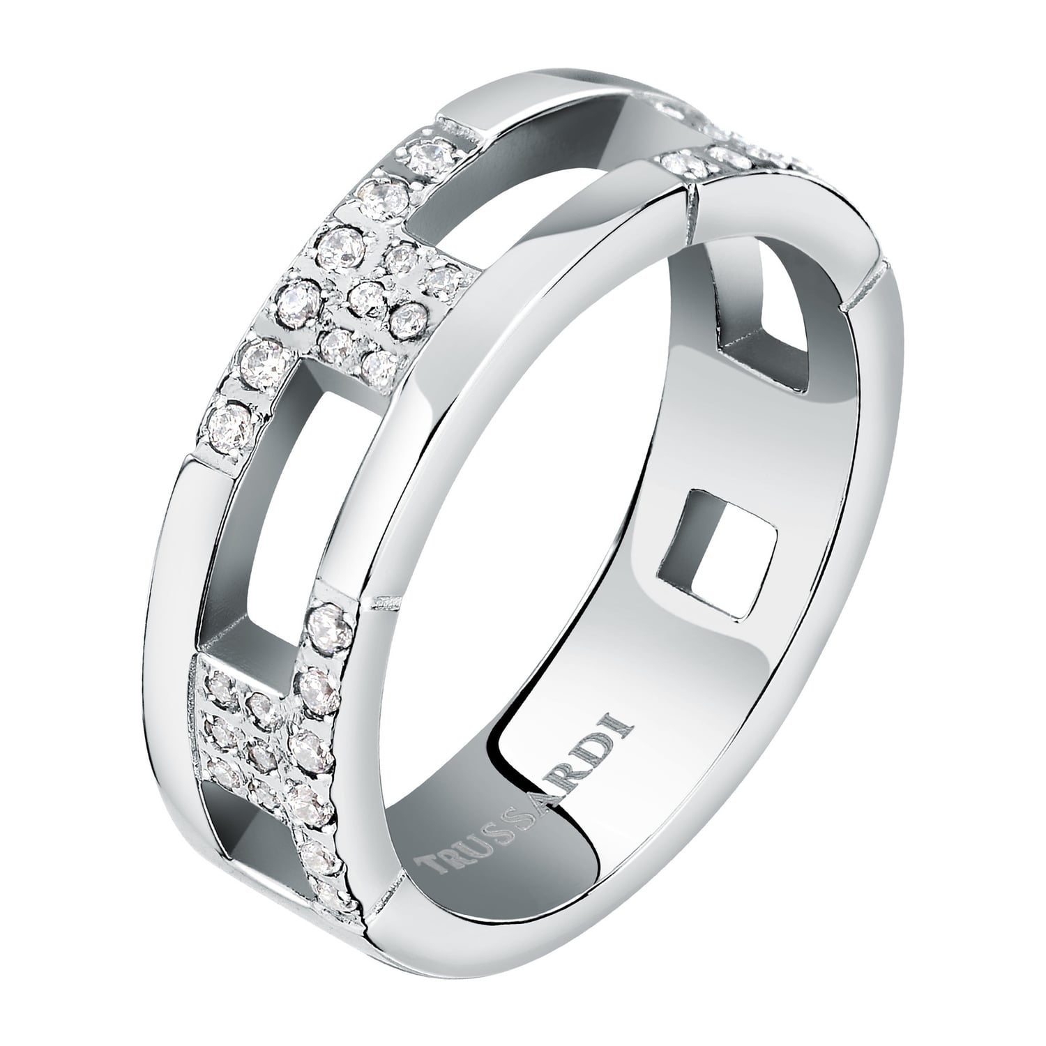 Trussardi Slušivý oceľový prsteň so zirkónmi T-Logo TJAXC40 52 mm