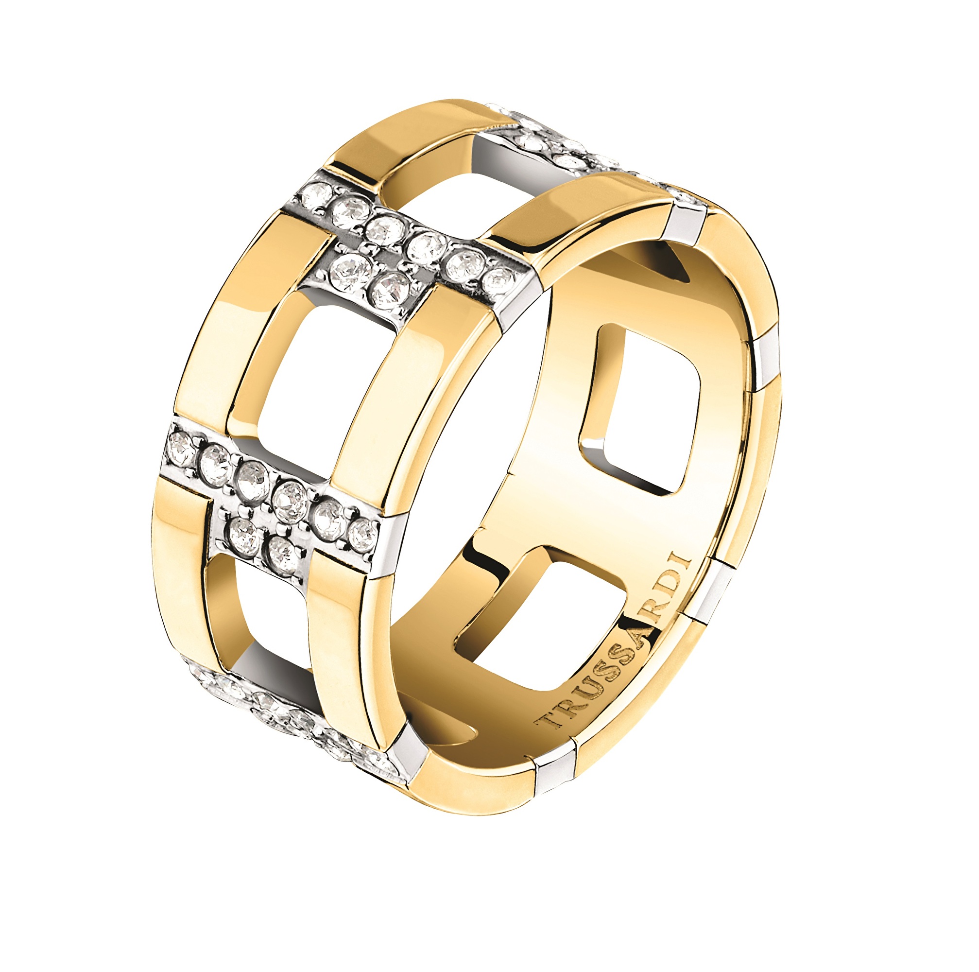 Trussardi Výrazný pozlacený prsten se zirkony T-Logo TJAXC38 54 mm
