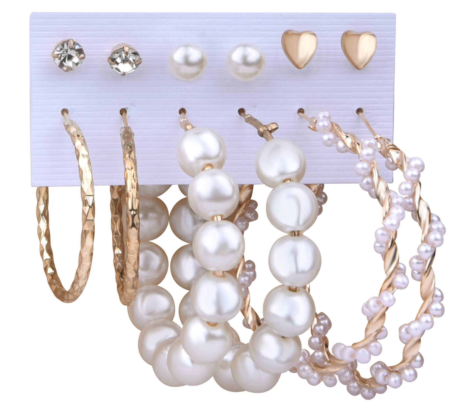 Troli -  Úžasná sada pozlacených kruhových náušnic a pecek s perlami (6 párů)
