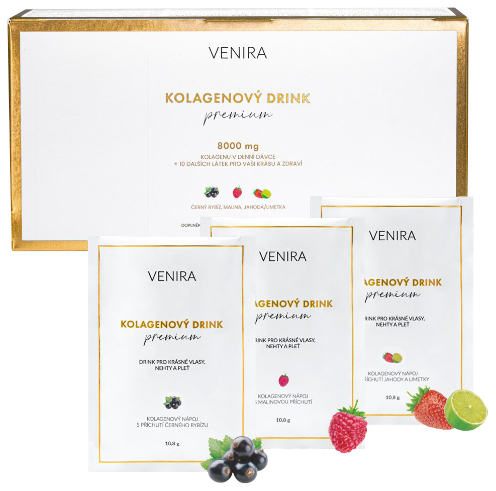 Venira Kolagenový nápoj pro vlasy, nehty a pleť s příchutí (jahoda-limetka, černý rybíz, malina) 30 sáčků