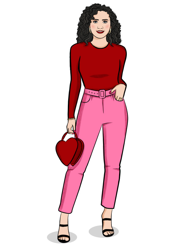 Lei in un top rosso e pantaloni rosa