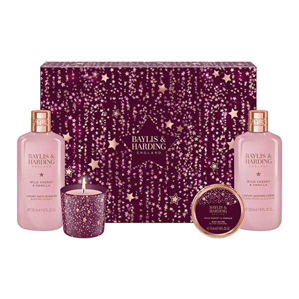 Baylis & Harding Baylis & Harding Darčeková sada starostlivosti o telo so sviečkou Wild Cherry & Vanilla 4 ks