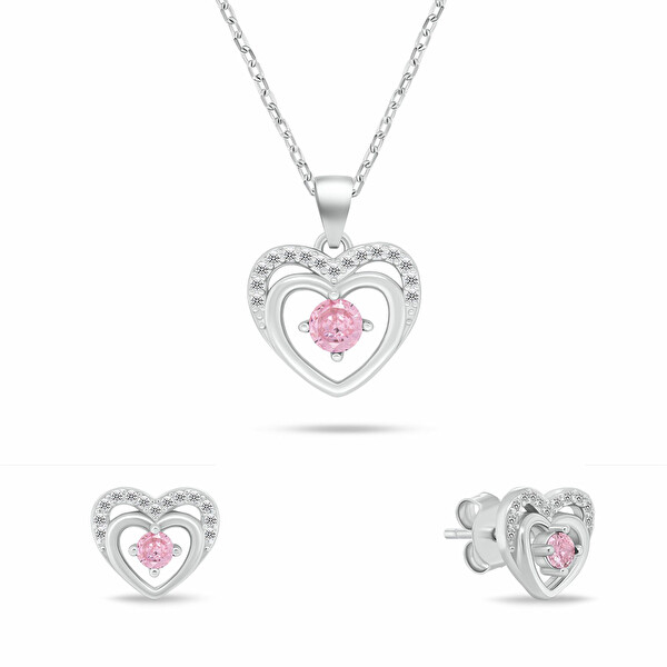 Brilio Silver Brilio Silver Set delicat de bijuterii din argint „Inimi” cu zirconii roz SET295WP (colier, cercei)