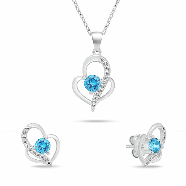 Brilio Silver Brilio Silver Set original de bijuterii din argint „Inimioare” cu zirconii bleu SET294WAQ (colier, cercei)
