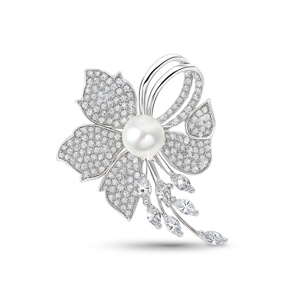 Troli Troli Broșă in formă de floare strălucitoare cu perlă artificială Silver