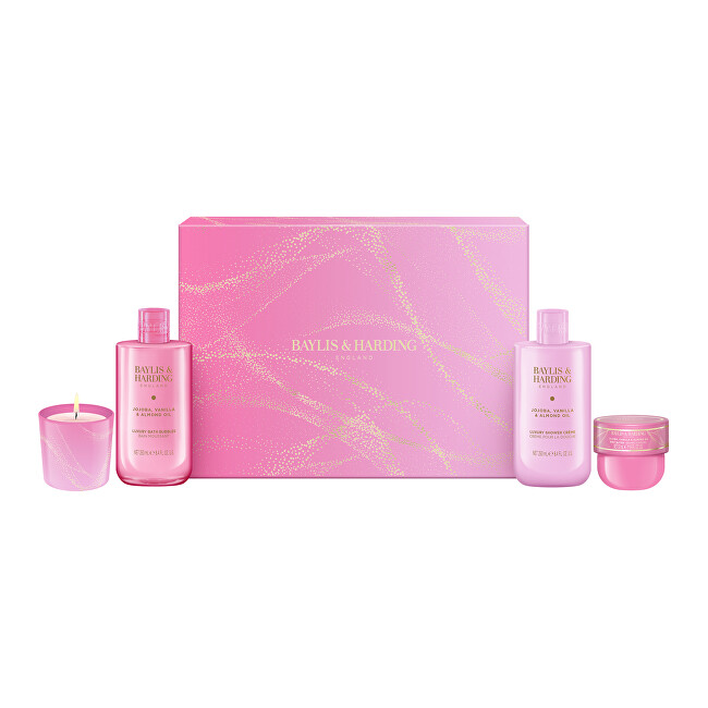 Baylis & Harding Dárková sada péče o tělo se svíčkou Jojoba, Vanilla & Almond Oil 4 ks