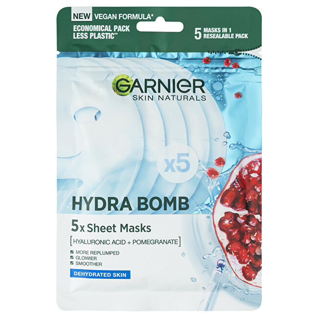 Garnier Superhydratační vypĺňajúci textilné maska s výťažkom z granátového jablka Hydra Bomb (Sheet Masks) 5 ks