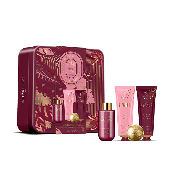 Grace Cole Dárková sada péče o tělo v plechové dóze Velvet Plum & Soft Suede 4 ks