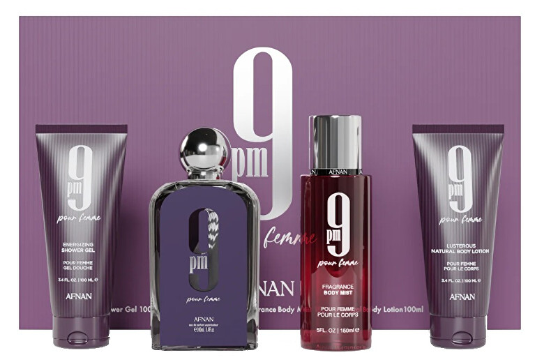 Afnan 9PM Pour Femme - EDP 100 ml + sprchový gél 100 ml + telový závoj 150 ml + telové mlieko 100 ml Darčeková sada