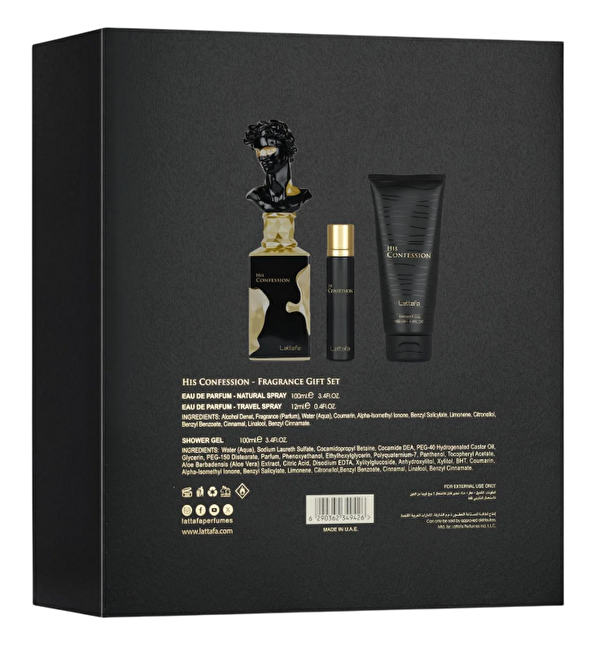 Lattafa His Confession - EDP 100 ml + sprchový gel 100 ml + EDP 12 ml Dárková sada