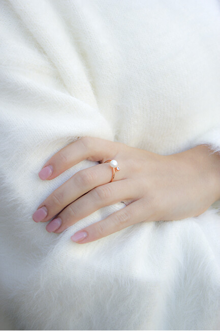 Beneto Otevřený bronzový prsten s pravou perlou a zirkonem AGG469P-RG