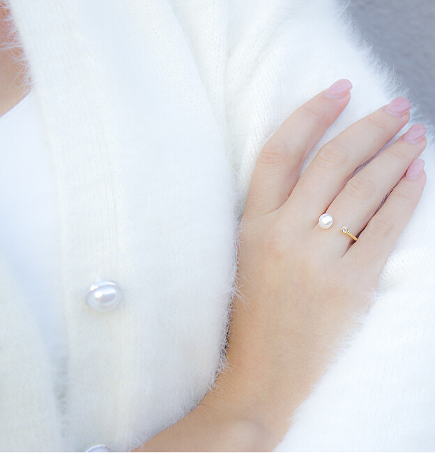 Beneto Otevřený pozlacený prsten s pravou sladkovodní perlou AGG467-G