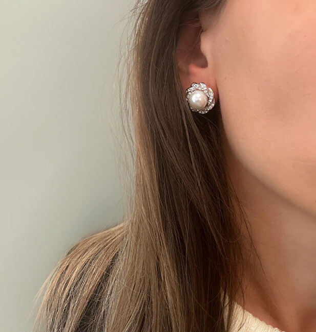 CRYSTalp Luxusní pozlacené náušnice s krystaly a perlou Rich pearl 42310.G