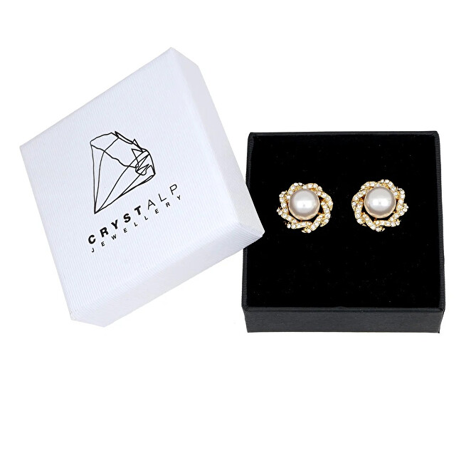 CRYSTalp Luxusní pozlacené náušnice s krystaly a perlou Rich pearl 42310.G