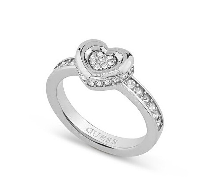 Guess Něžný ocelový prsten Srdce s krystaly L.O.V.E. JUBR05464JWRH