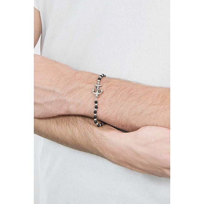 BREIL Stylový korálkový náramek s kotvou Black Onyx TJ2407 černá, stříbrná