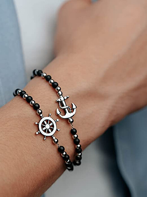 BREIL Stylový korálkový náramek s kotvou Black Onyx TJ2407 černá, stříbrná
